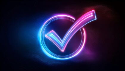 Poster - A glowing checkmark inside a circle, illuminated with vibrant pink and blue neon lights against a dark background.