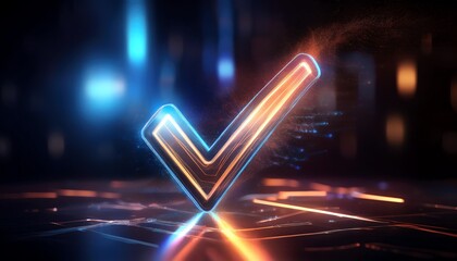 Poster - A vibrant, glowing checkmark symbolizes approval and success, set against a futuristic, digital background.