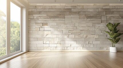 Pastel pale block brick stone empty room interior blank wall background or backdrop with plants window light shadows for online zoom presentations webinars and virtual meetings teams video call