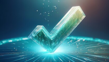 Poster - A glowing, translucent checkmark symbolizing approval or success, surrounded by a radiant blue aura and particles.