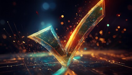 Poster - A vibrant, glowing checkmark symbolizing success and approval, set against a dark background with sparkling effects.
