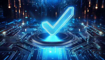 Poster - A glowing blue checkmark sits on a futuristic circuit board, symbolizing approval, verification, and technology.