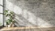 © Andrea - Minimalist Light gray grey stone brick wall empty room interior blank background backdrop with plants window light shadows for online zoom presentations webinars and virtual meetings teams video call