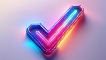Poster - A vibrant neon checkmark icon, glowing in pink and blue hues, symbolizing approval or completion against a soft gradient background.