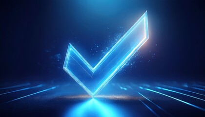 Poster - A glowing blue checkmark symbolizing approval or completeness, set against a dark, futuristic background with dynamic light effects.
