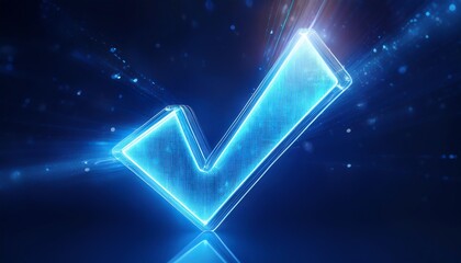 Poster - A glowing blue check mark symbolizing approval or confirmation against a dark background.