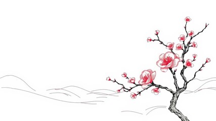 Wall Mural - Landscape view of a scenic Japanese cherry blossom tree with delicate petals, branches, and a serene nature backdrop, oriental, line art