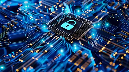  - padlock on a circuit board symbolizes digital security and data protection.