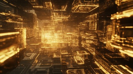 Fototapete - Abstract Digital Golden Cityscape with Glowing Lines and Shapes