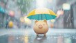 © Manutsanun - Emergency financial protection savings plan. A piggy bank with a colorful umbrella stands in the rain, symbolizing savings and protection in a whimsical setting.