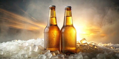 Two chilled amber bottles nestled in ice, bathed in the warm glow of a setting sun.