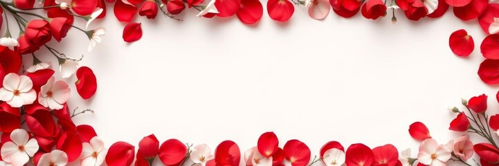 red rose petals scattered in a soft gradient with a crisp white frame in the center, ideal for text 