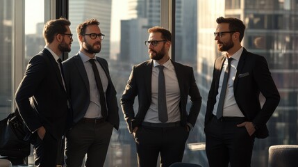Poster - Business meeting among professionals city skyline corporate setting modern office collaborative environment