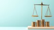 © padungsak - A golden scale balances above stacks of coins, symbolizing justice, finance, and economic equilibrium against a light blue background.