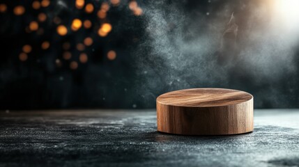 Poster - Wooden platform with smoke effect studio setting photography dramatic lighting close-up view artistic concept
