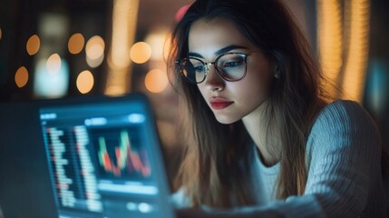 Poster - Focused young woman analyzing data on laptop in modern workspace at night technology and lifestyle concept
