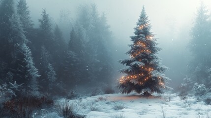 Aufkleber - Snowy Christmas Tree Surrounded by Foggy Winter Forest Landscape