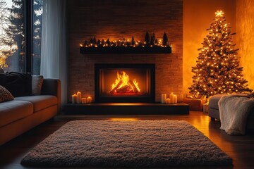 Wall Mural - stylish living room featuring a modern fireplace and a beautifully decorated christmas tree, illuminated by warm lights. cozy furnishings create an inviting atmosphere, embodying festive cheer