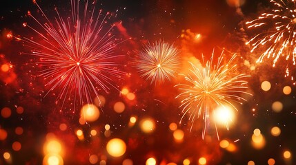 Vibrant fireworks exploding in night sky.