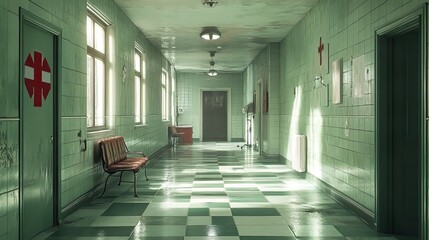 Wall Mural - Eerie Vintage Hospital Corridor: Exploring a Forgotten Place