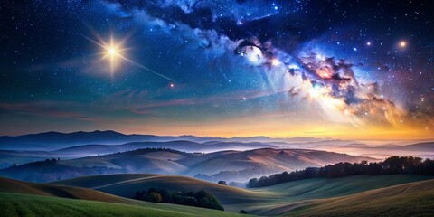 Wall Mural - Serene Night Sky over Rolling Hills and Meadows with Bright Stars and Nebula