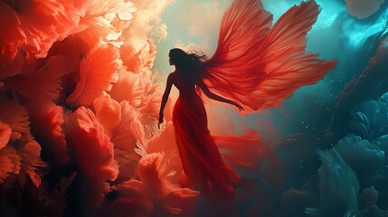 Sticker - Dreamlike Woman with Wings in Red Dress, Surreal Fantasy Art