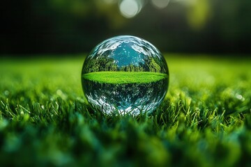 Wall Mural - world environment concept featuring a glass globe atop green grass, symbolizing earth day and eco-fr