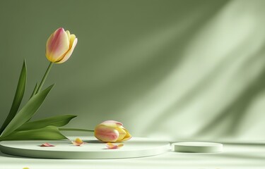 Aufkleber - Minimalist Display Podium with Tulip Flower on Green Background for Natural Beauty Presentation