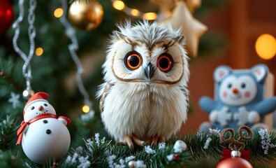 owl christmas The little owl sitting on a christmas tree near christmas toys  animal, decoration, season, bird