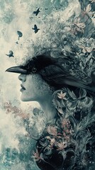 Canvas Print - Surreal Woman with Crow: Dark Fantasy Art