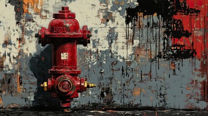 Canvas Print - Red Hydrant on Grunge Wall: Urban Abstract Art