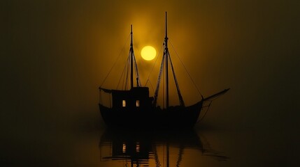 Poster - Silhouette of a ship at sunrise or sunset in a foggy atmosphere, calm sea reflection.