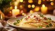 © aubriella - A tantalizing plate of spaghetti carbonara, adorned with crispy pancetta and freshly grated Parmesan cheese, Pasta arranged