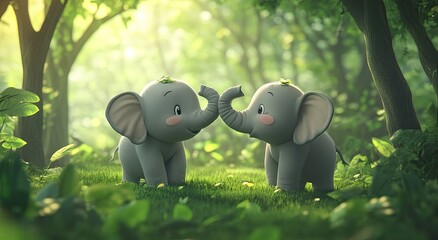 Wall Mural - Two elephants touch trunks in the forest, with natural light, green plants and trees