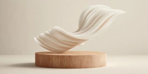Aufkleber - Minimalist Modern Display Podium with Flowing Beige Fabric on Wooden Surface for Beauty Product Presentation
