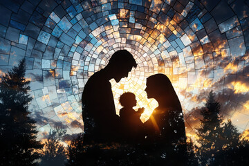 Poster - Silhouette of the holy family at sunset stained glass texture spiritual setting ethereal atmosphere artistic perspective faithful reflection