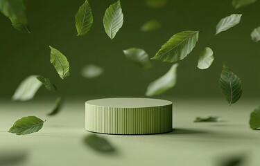 Poster - Green Minimalist Podium Display with Falling Leaves for Cosmetic Promotion in Natural Setting