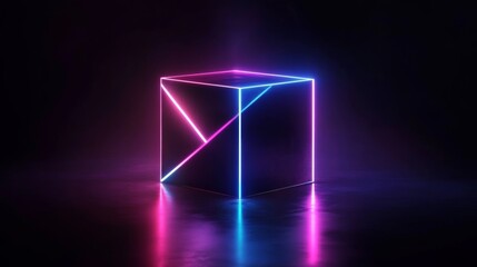 Poster - Futuristic 3D Cube with Neon Lights in Dark Background Abstract Wallpaper