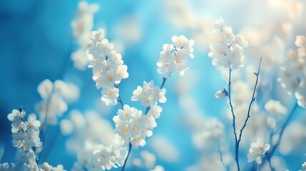 Delicate white blossoms on a tree branch against a bright blue sky.