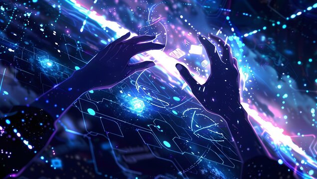 Two hands reaching out to touch a glowing, futuristic interface. Vibrant blues and purples illuminate the scene, creating a sense of wonder and technological advancement.