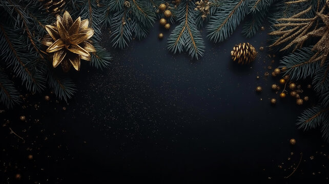 Christmas border with decoration ornaments elements on black background.