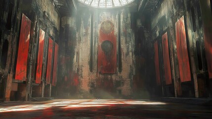 Canvas Print - A haunting exploration of an ancient, decaying hall, bathed in shadow and light.