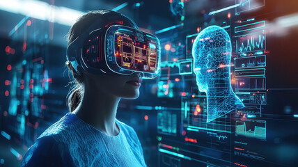 Poster - Virtual reality technology in healthcare, showcasing woman using VR headset, surrounded by digital health data and holographic displays, illustrating modern medical advancements