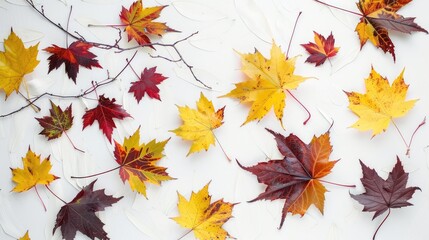 Wall Mural - Autumn-themed backdrop featuring maple leaves in yellow, red, and brown colors with a branch showing vibrant fall foliage on a white background.