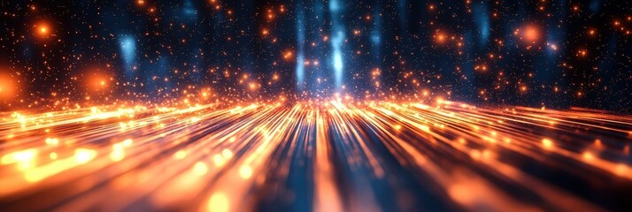 Poster - Abstract background with glowing lines and vibrant particles creating depth and visual interest in an immersive digital landscape with hues of orange and blue.