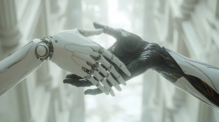 Wall Mural - Two robotic arms, one white and one black, clasp in a futuristic handshake against a blurred white background.