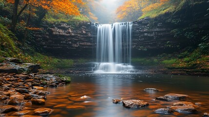 Wall Mural - Majestic waterfall cascading through towering cliffs and lush forest landscape creating a serene and tranquil natural scene of untamed beauty and grandeur