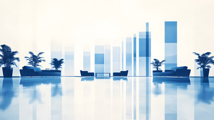 Fototapete - A serene blue-toned cityscape with abstract buildings and lush plants, reflecting tranquility and modern design