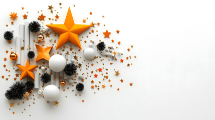 Poster - A vibrant arrangement of orange and white decorative stars, baubles, and festive elements scattered against a clean white background