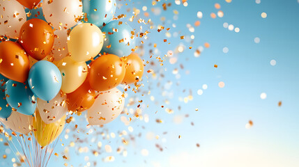 Poster - A vibrant cluster of balloons in various colors surrounded by confetti against a bright blue background, evoking a festive atmosphere